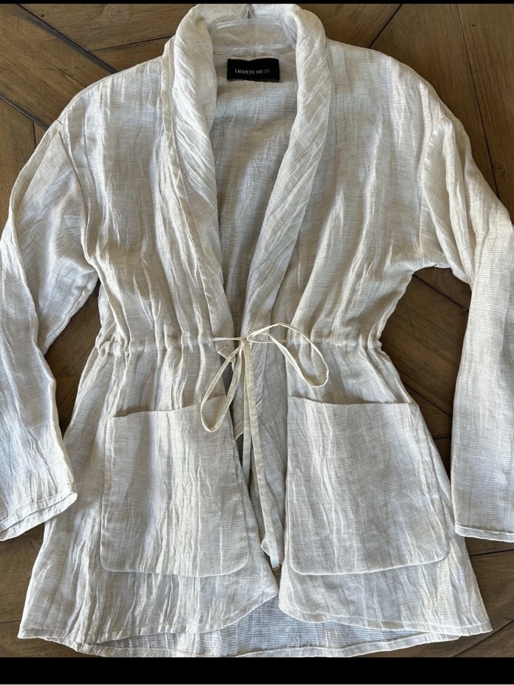Lafayette 148 NewYork Linen Open Front Crinkle Jacket with Tie Cream Size M/L